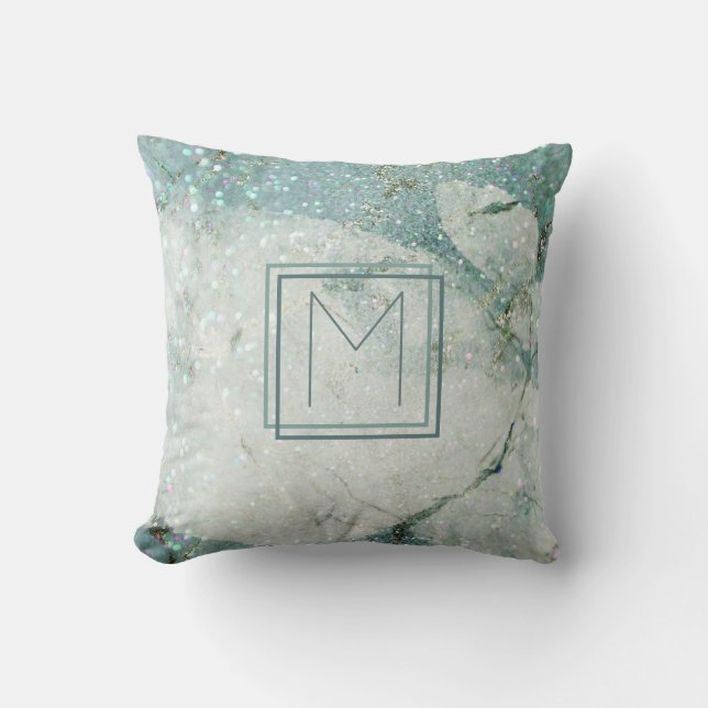Turkos Blå Marmor Abstrakt Monogram Ram Kudde (Framsida)