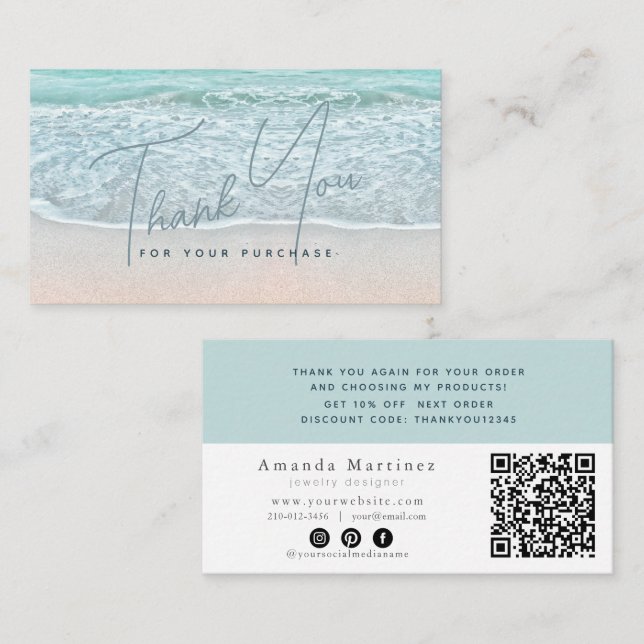 Turkos Blå Ocean Sandstrand Tack QR Visitkort (Fram/baksida)