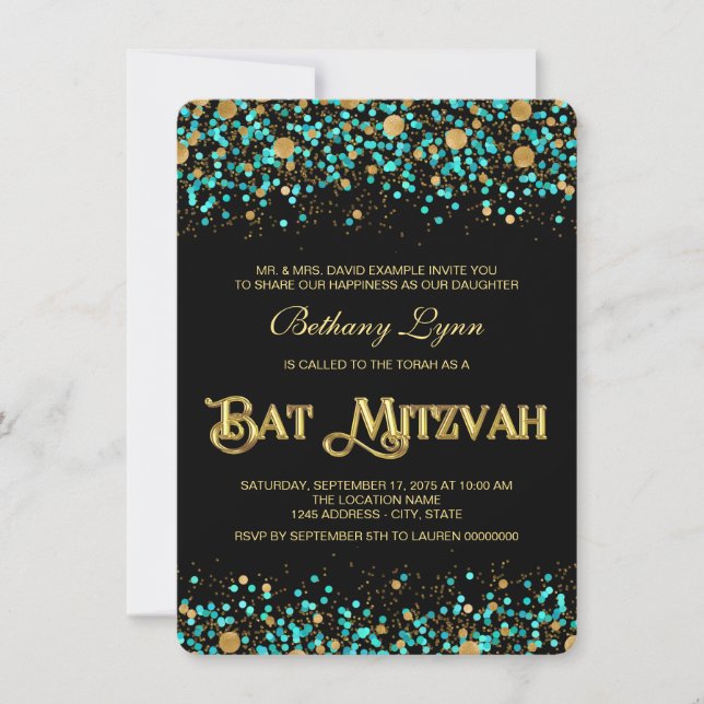 Turkos Blå och Guld Bat Mitzvah Inbjudningar (Framsida)