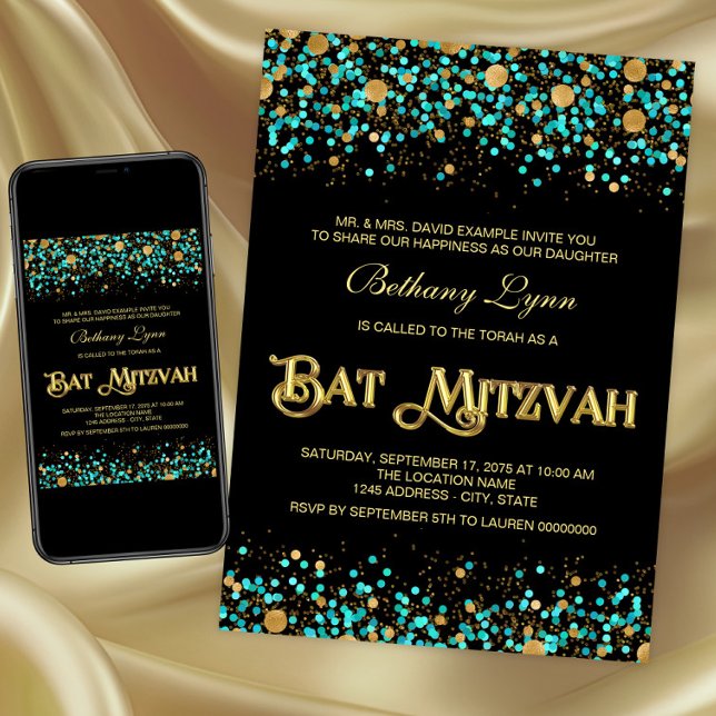 Turkos Blå och Guld Bat Mitzvah Inbjudningar (Teal blue and gold Bat Mitzvah invitation. Digital download and printed invitations available.)