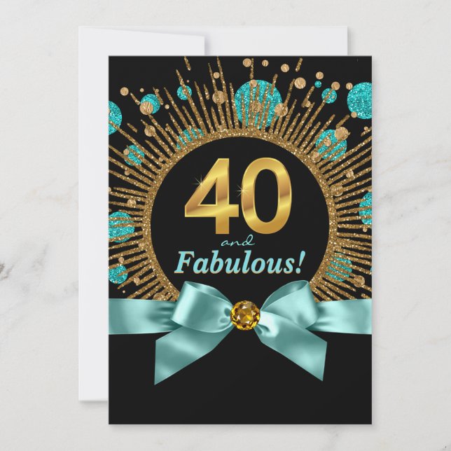 Turkos Blå och Guld Glitter Kvinnas 40-årsdag Inbjudningar (Framsida)