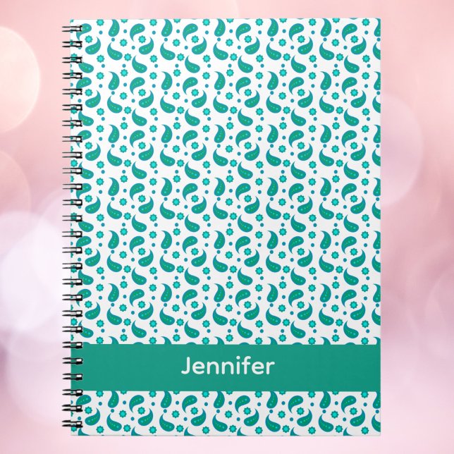 Turkos Blå Paisley Blommönster Anpassa Anteckningsbok (A notebook with a blue & green paisley design with text you can personalize.)