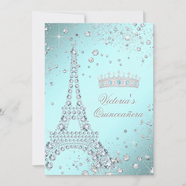 Turkos Blå Paris Tiara Quinceanera Inbjudningar (Framsida)