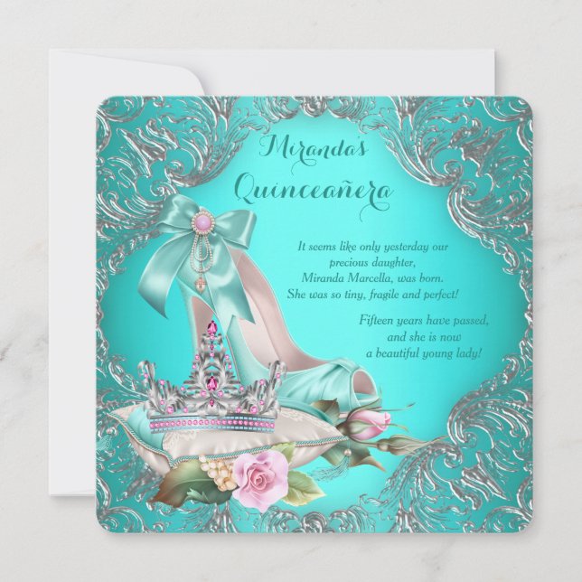 Turkos blå prinsessa tiara Quinceanera Inbjudningar (Framsida)