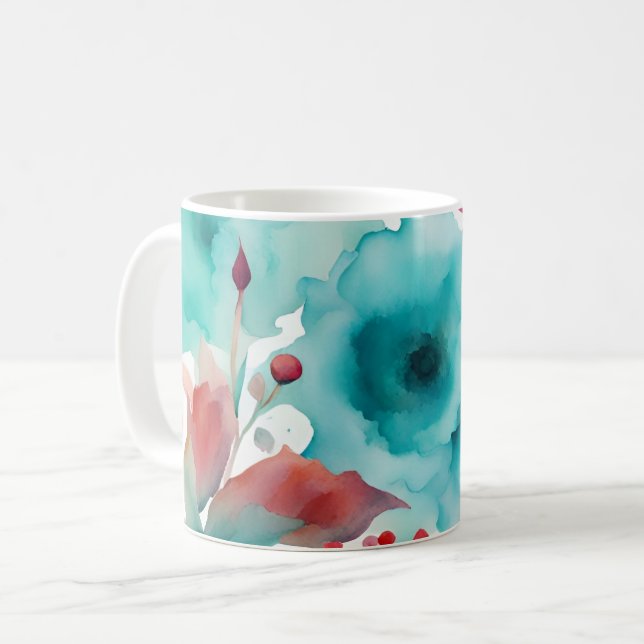 Turkos blå Röda Akvarell Vår Blommor   Kaffemugg (Framsida vänster)