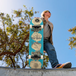 Turkos Blå Sepia Blommig Skateboard