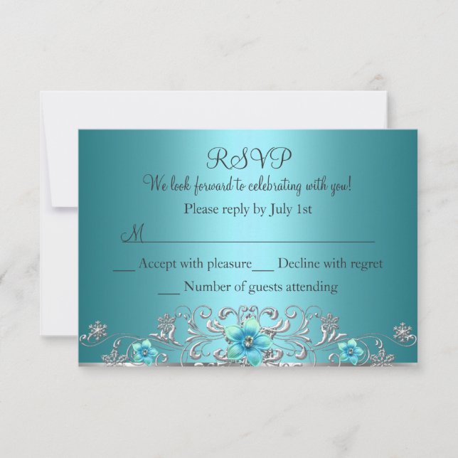 Turkos Blå Silver Blommig Virvel RSVP OSA Kort (Framsida)