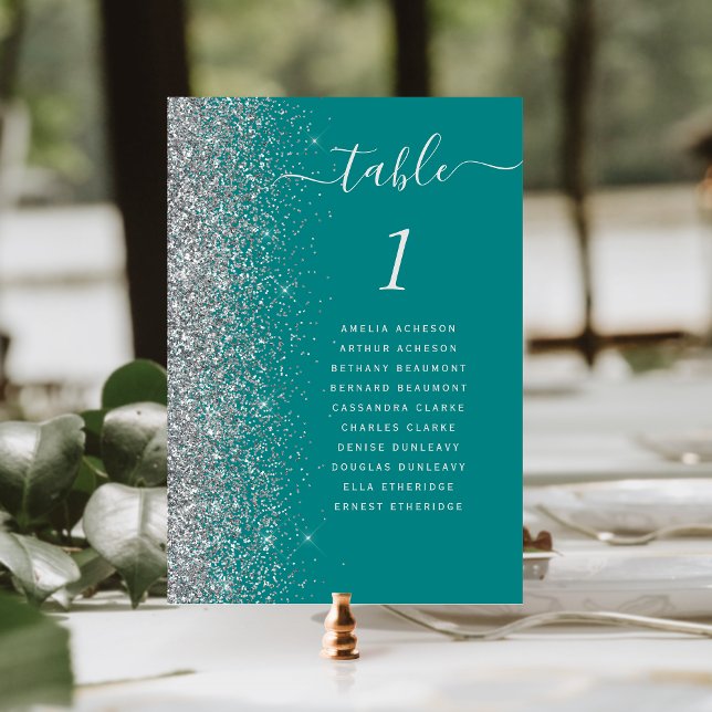 Turkos Blå Silver Glitter Bröllop Bordsnummer (Skapare uppladdad)