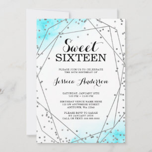 Turkos Blå Silver Glitter Geometri Sweet 16 Inbjudningar