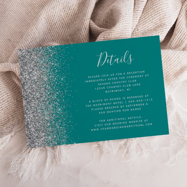 Turkos Blå Silver Glitter Kant Bröllopsdetaljer Tilläggskort (Skapare uppladdad)
