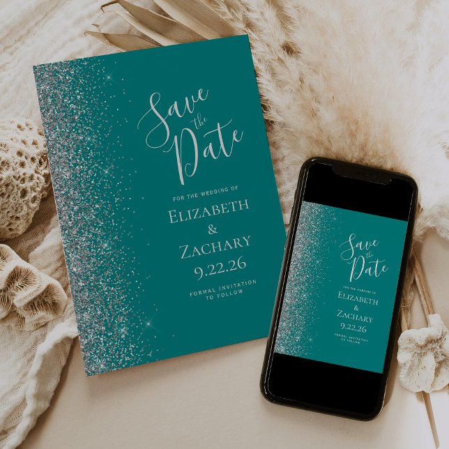 Turkos Blå Silver Glitter Save the Date Meddelande (Skapare uppladdad)
