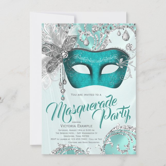 Turkos Blå Silver Sweet 16 Maskeradfest Inbjudningar (Framsida)
