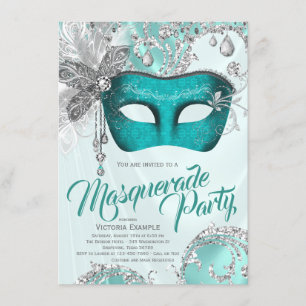Turkos Blå Silver Sweet 16 Maskeradfest Inbjudningar