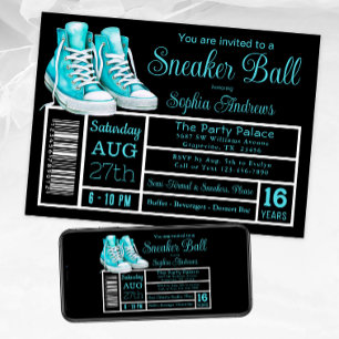 Turkos Blå Sneaker Ball Födelsedagsfest Skor Etike Inbjudningar