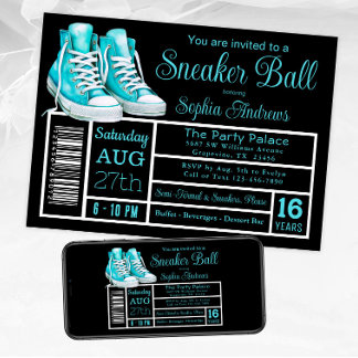 Turkos Blå Sneaker Ball Födelsedagsfest Skor Etike Inbjudningar