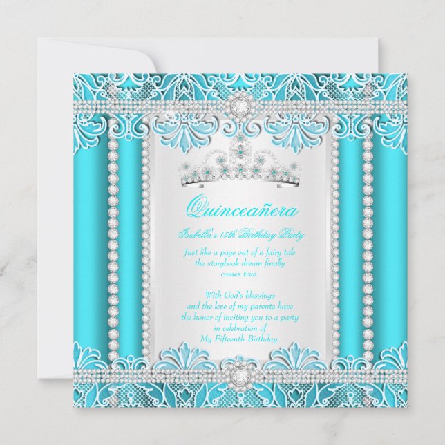 Turkos Blå Spets Prinsessa Quinceanera Diamant Inbjudningar (Framsida)