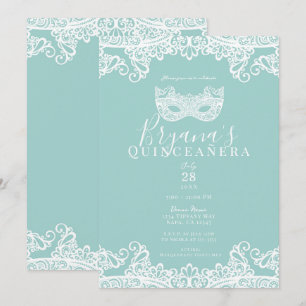 Turkos Blå Spetsmaskerad 15-års Quinceañera Inbjudningar