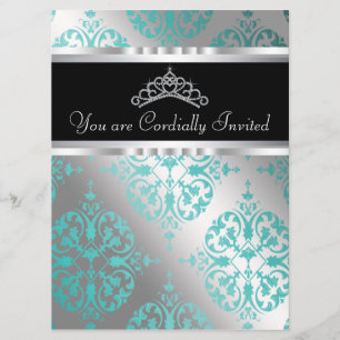 Turkos Blå Svart Damask Tiara Turkos Quinceanera Inbjudningar