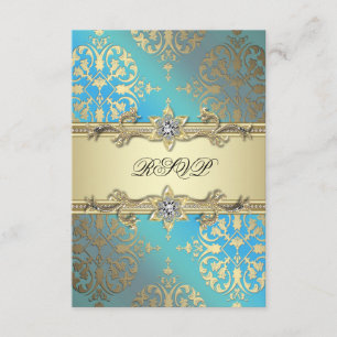 Turkos Blå Svart Guld Damask RSVP OSA Kort