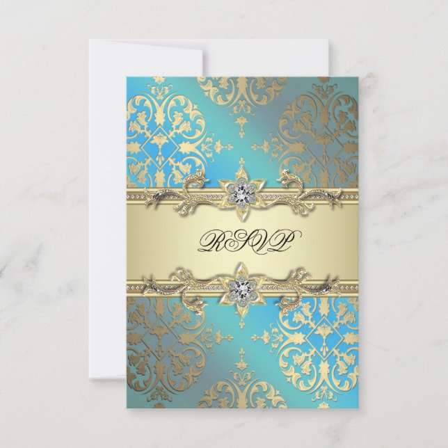 Turkos Blå Svart Guld Damask RSVP OSA Kort (Framsida)
