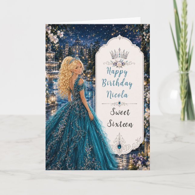 Turkos Blå Sweet 16 Prinsess Trädgård Kort (Framsida)