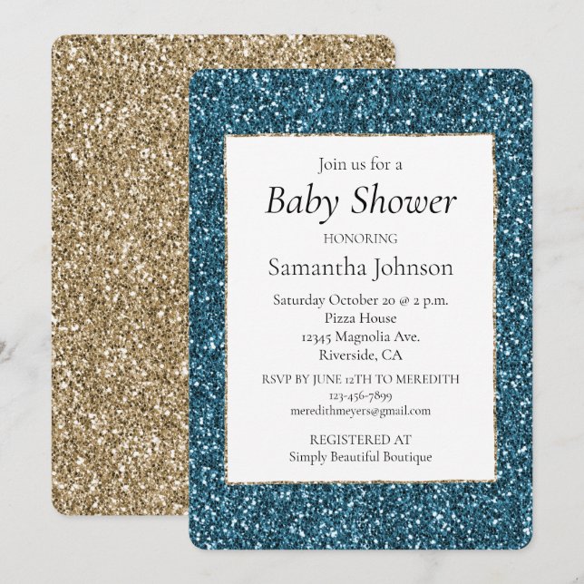 Turkos Blå Turkos Glitter Baby Shower Inbjudningar (Fram/baksida)
