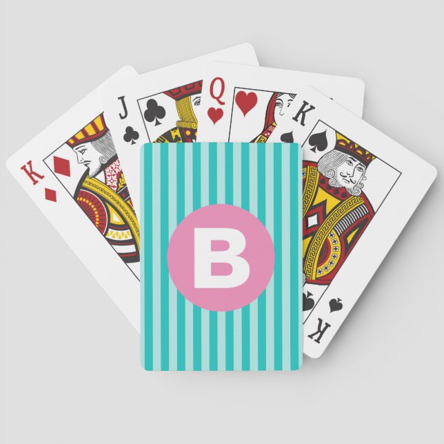 Turkos Blå Vertikalt Randig Rosa Cirkelmonogram Casinokort (Baksidan)
