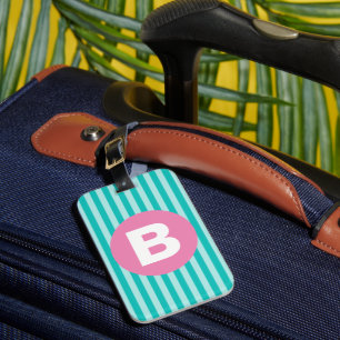 Turkos Blå Vertikalt Randigt Rosa Cirkelmonogram Bagagebricka