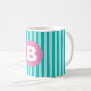 Turkos Blå Vertikalt Randigt Rosa Cirkelmonogram Kaffemugg