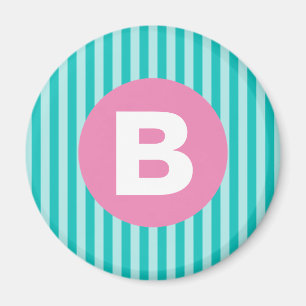 Turkos Blå Vertikalt Randigt Rosa Cirkelmonogram Magnet