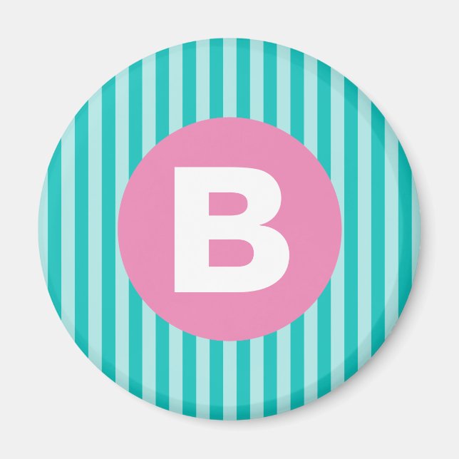 Turkos Blå Vertikalt Randigt Rosa Cirkelmonogram Magnet (Framsidan)