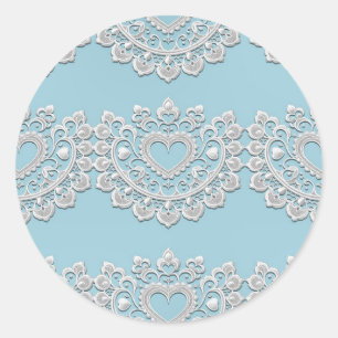 Turkos Blå Vit Spets Hjärtformad Bröllop Brud- Runt Klistermärke