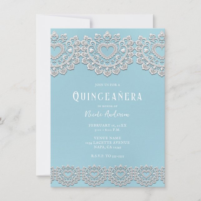 Turkos Blå Vit Spets Quinceañera-fest Inbjudningar (Framsida)
