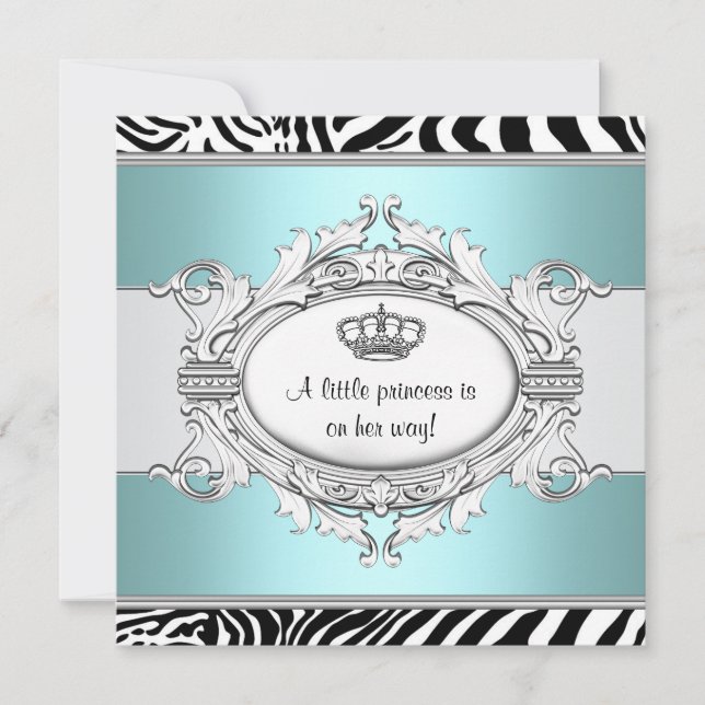 Turkos Blå Zebra Prinsessa Babyflicka Bebisbad Inbjudningar (Framsida)