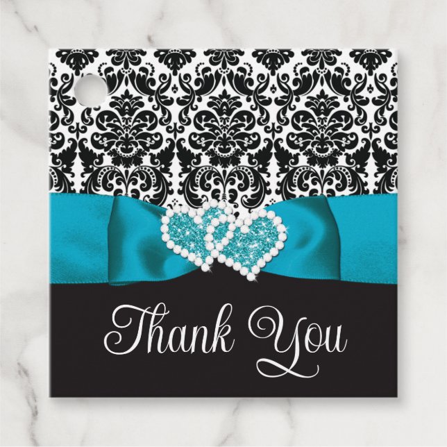 Turkos, Black Damask Kärlek Hearts Bröllop Gåvor Etiketter (Framsida)