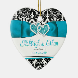 Turkos, Black Damask Kärlek Hearts Bröllop Julgransprydnad Keramik