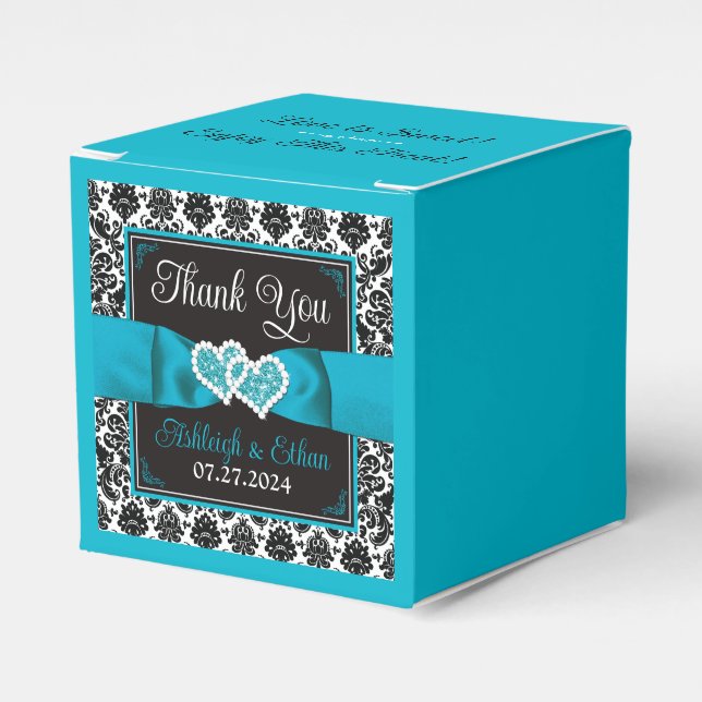 Turkos, Black Damask Kärlek Hearts Bröllop Presentaskar (Framsidan Sidan)