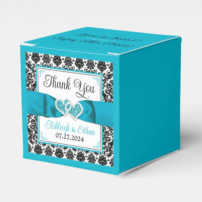 Turkos, Black Damask Kärlek Hearts Bröllop Presentaskar (Framsidan Sidan)