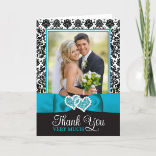 Turkos, Black Damask Kärlek Hearts Bröllop Tack Kort