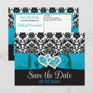 Turkos, Black Damask Kärlek Hearts Spara datum Vykort