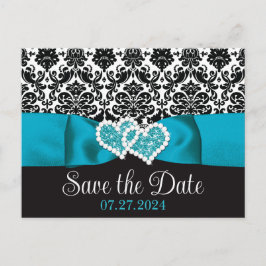 Turkos, Black Damask Kärlek Hearts Spara datum Vykort