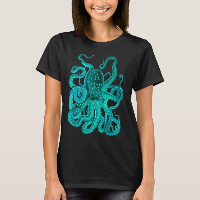 Turkos Bläckfisk För Många T Shirt (Framsida)