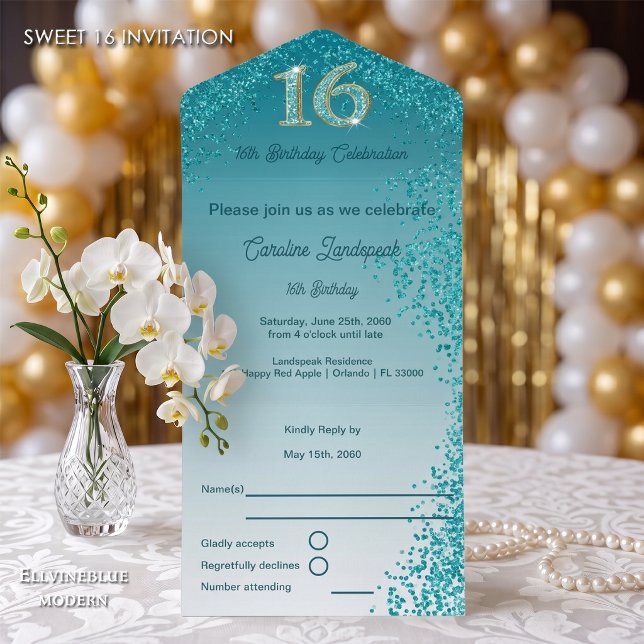 Turkos Blänkande Kalligrafi Nummer Sweet 16 (Chic Sweet 16 invite with an easy-to-tear perforated RSVP card. Teal Blue Glitter Celebration!)
