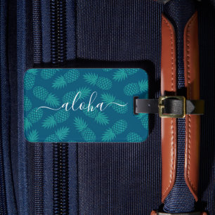 Turkos Blått Tropiskt Ananasmönster Aloha-teckensn Bagagebricka