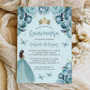 Turkos Blommig Akvarell Princess Quinceañera Inbjudningar