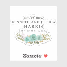 Turkos Blommig Blå Rosor Namn & Bröllopsdatum Klistermärken