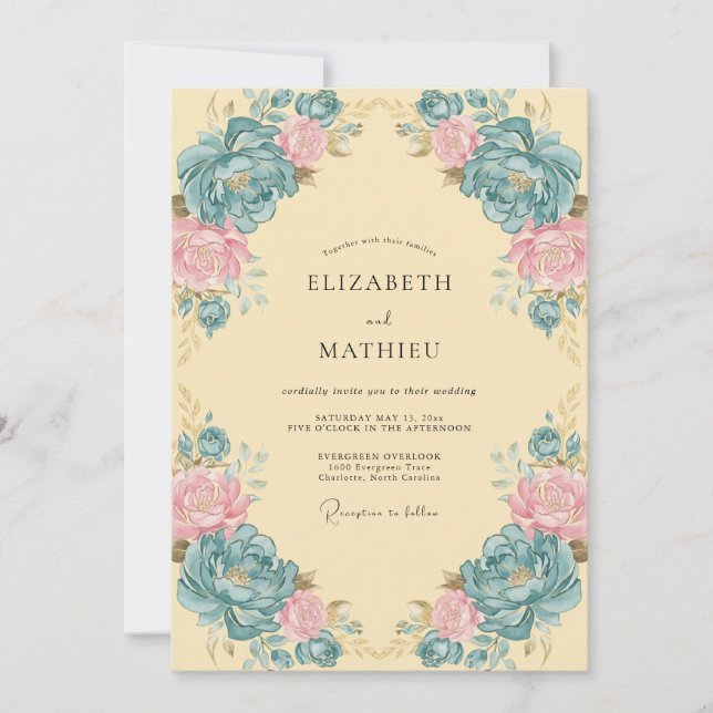 Turkos Blommig Bröllopsdekor Inbjudningar (Framsida)