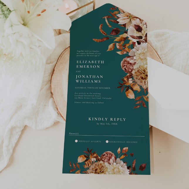 Turkos Blommig Bröllopsinbjudan Allt-i-ett (Watercolor Teal Floral Wedding All In One Invitation by Painted Paperie
)