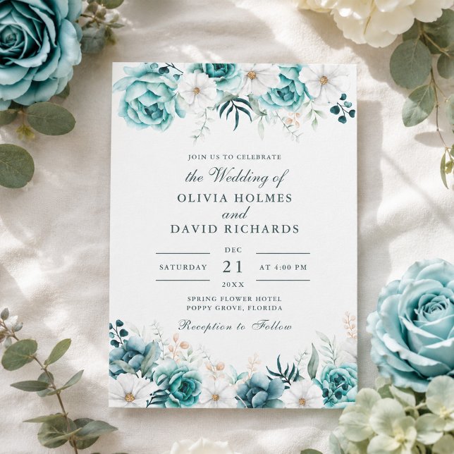 Turkos Blommig Bröllopsinbjudan | Botanisk Inbjudningar (Teal Floral Wedding Invitation | Botanical)