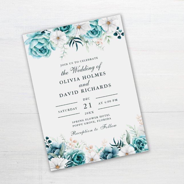 Turkos Blommig Bröllopsinbjudan | Botanisk Inbjudningar (Teal and Off-White Floral Wedding Invitation on gray table)